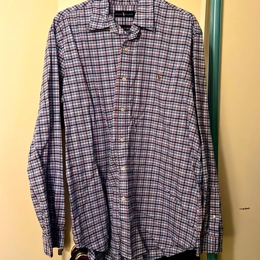 Size XXL Ralph Lauren long sleeve collared shirt. Red, white, and blue plaid.